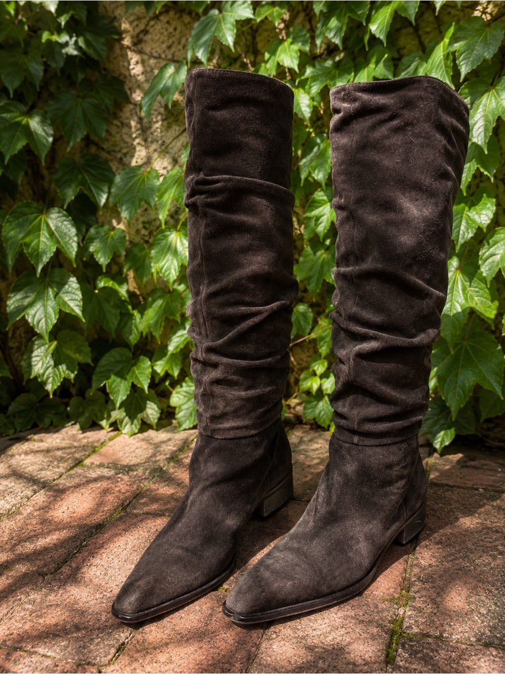 VINTAGE ITALIAN Chocolate Suede Coast Cowgirl Ruched Pull-On Boots, 6.5